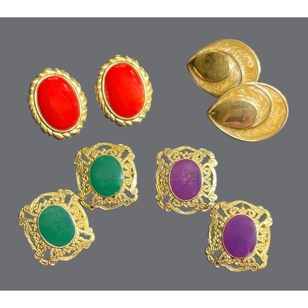 Lot of 4 Pairs of VINTAGE CLIP-On EARRINGS Gold Tone Enamel Filigree 1980's